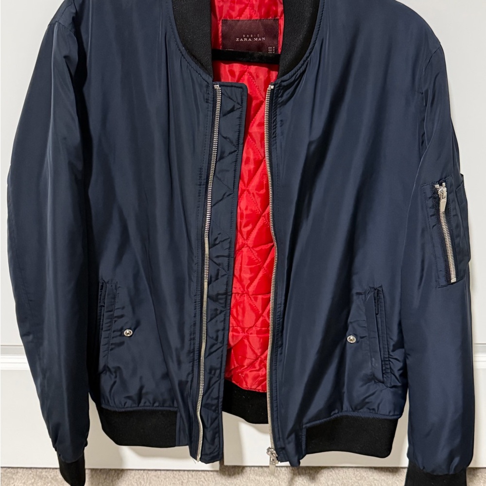 Zara Dark Blue Bomber Jacket with Red Lining